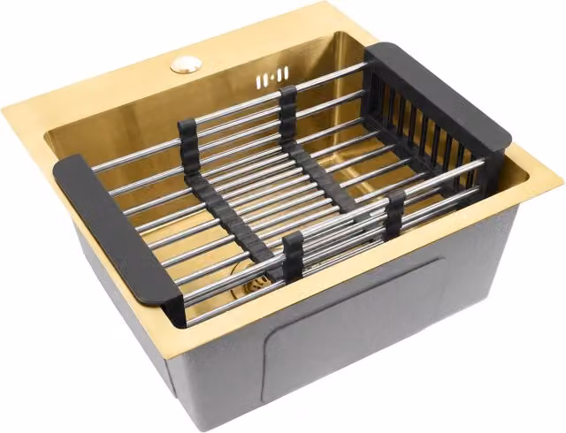 Lavello in acciaio inossidabile Rea Leo 40 rettangolare con set di 3 accessori color gold e beige – 1