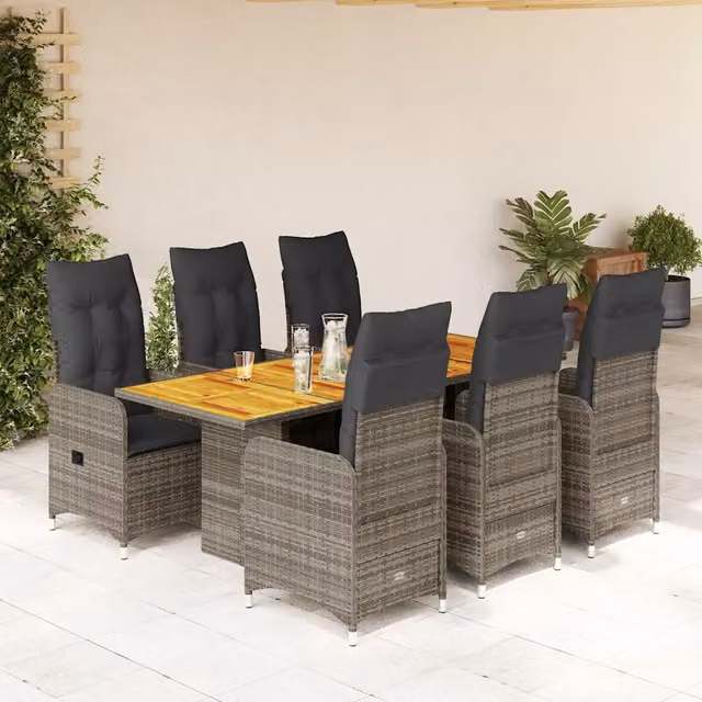 Set Bistrò da Giardino vidaXL in Polyrattan e Legno di Acacia Grigio 7 Pezzi