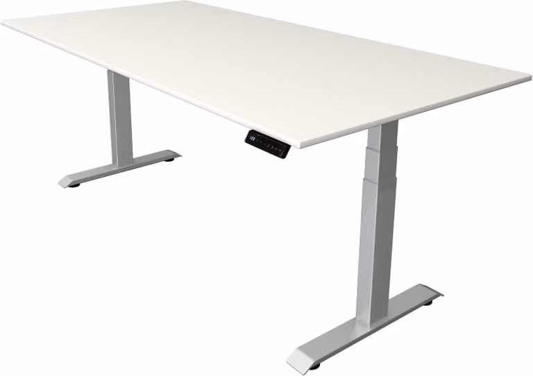 Scrivania regolabile in altezza elettricamente Kerkmann Move 4, bianca, rettangolare, con struttura a telaio a T argentata, dimensioni 200,0 x 100,0 cm