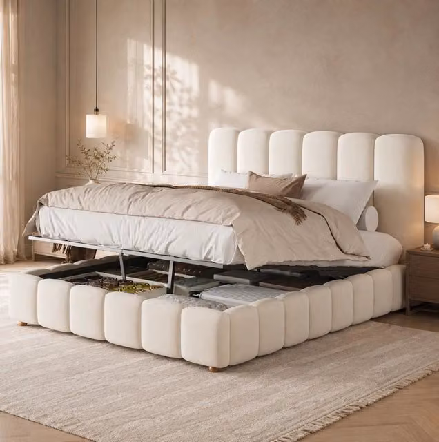 Letto matrimoniale imbottito 140x190 cm con contenitore idraulico, rete a doghe e testiera in velluto beige