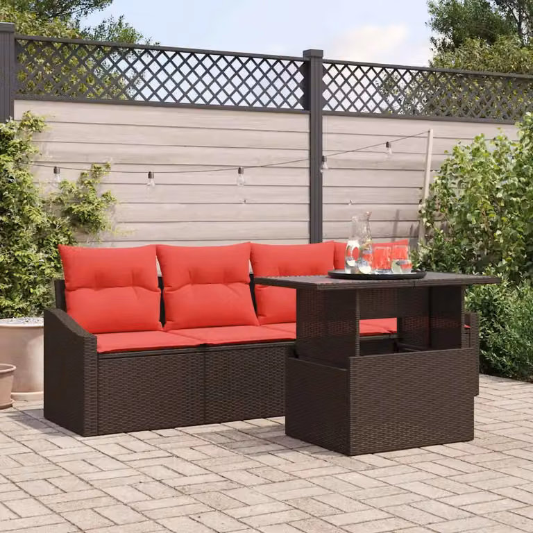 Set Divano da Giardino vidaXL 5 Pezzi con Tavolino, Marrone e Rosso, Struttura in Metallo e Tessuto Resistente ai Raggi UV