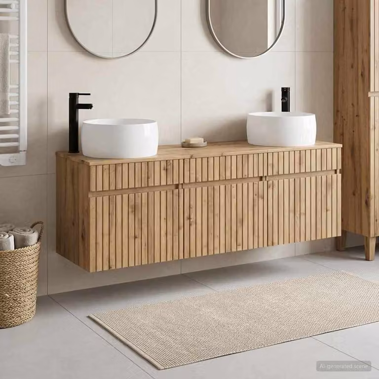 Set di mobili da bagno moderni vidaXL in legno marrone composto da 3 pezzi con vanità e pensili a muro L/P/H: 66,0 x 44,5 x 49,0 cm