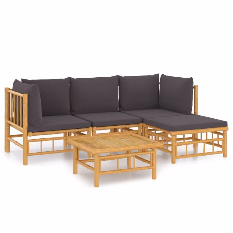 Set Salotto da Giardino 5pz con Cuscini Grigio Scuro Bambù