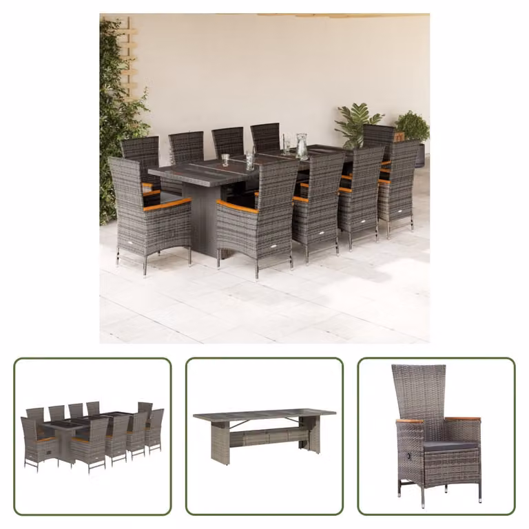 The Living Store Set da pranzo da giardino 11 pezzi con cuscini in poly rattan grigio