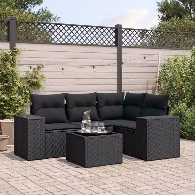 Set Divani da Giardino 5 pz con Cuscini in Polyrattan Nero 3222514