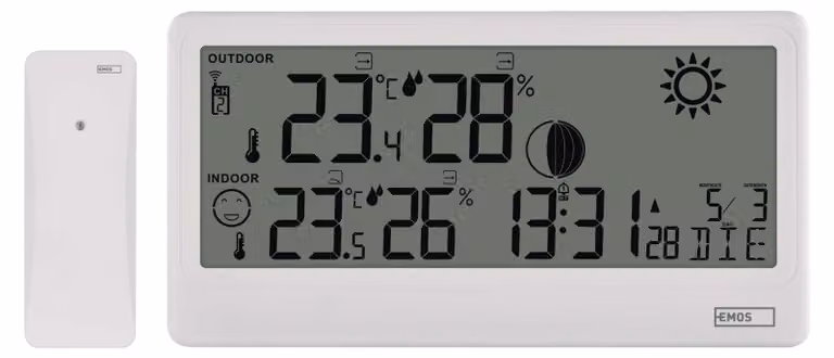 Stazione meteorologica wireless EMOS con sensore esterno, temperatura interna/esterna, orologio radiocontrollato, display comfort, supporto/supporto a parete, alimentata a batteria, bianco, E0531