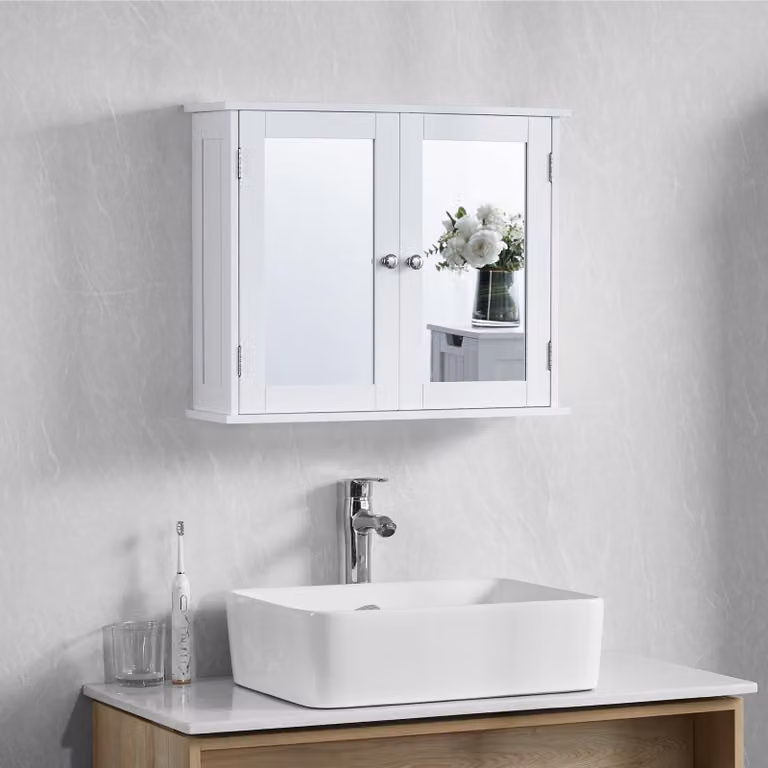 Mobiletto contenitore con specchio, 2 ante, bianco, dimensioni 47x57x18 cm, da montare a parete