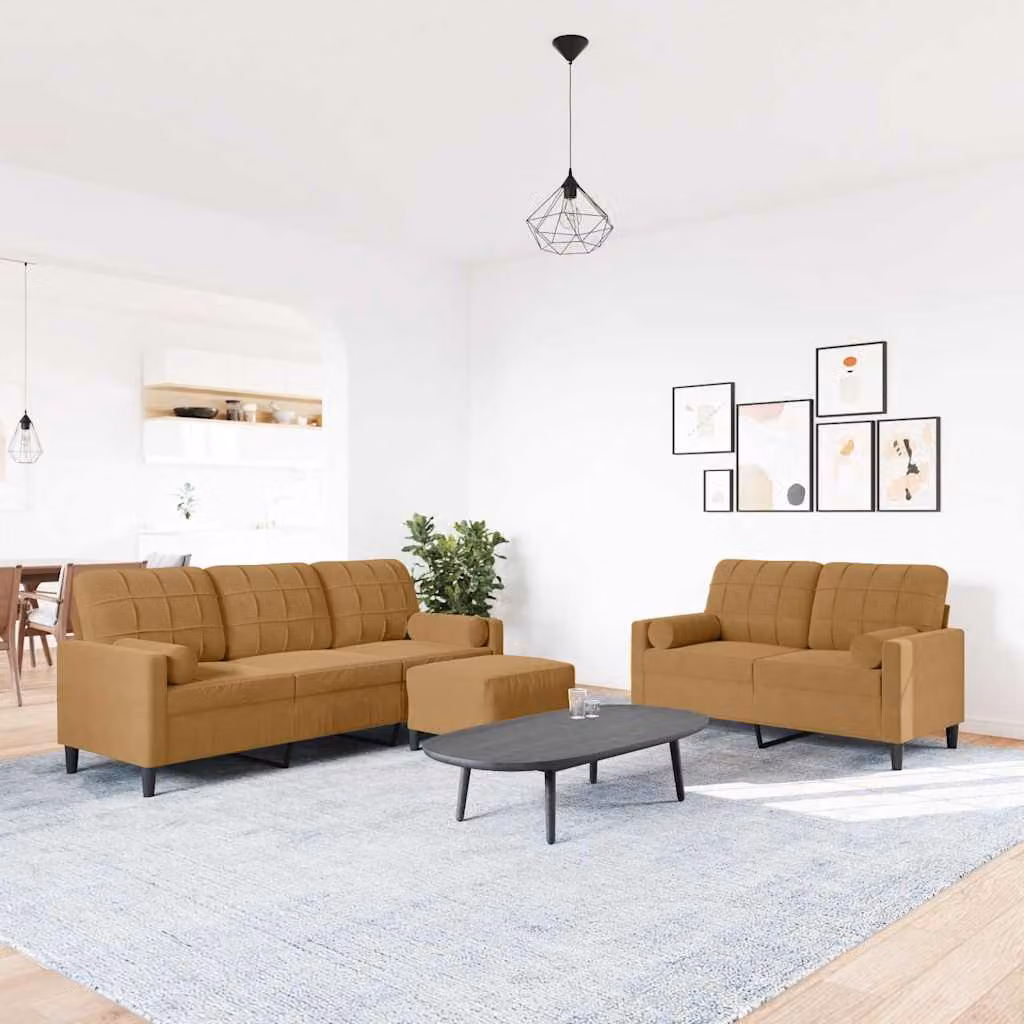 Set di divani vidaXL 3 pezzi in velluto marrone con pouf e cuscini, design moderno con struttura in metallo per il tuo soggiorno – 1