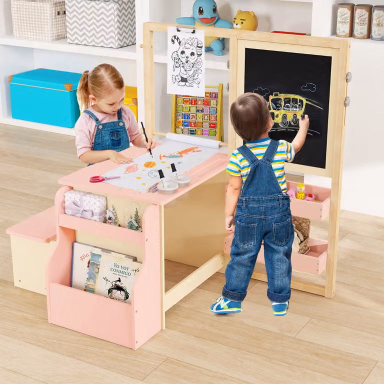 Costway Set tavolo e panca per bambini con cavalletto regolabile a doppia faccia, Centro artistico in legno 114x81x100cm Rosa