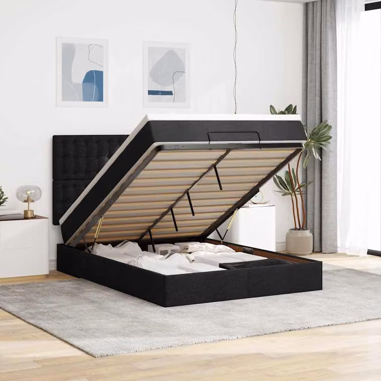 vidaXL Struttura Letto con Materasso e Contenitore a Sollevamento, Tessuto Nero e Bianco, L/P/H: 193 x 144 x 128 cm