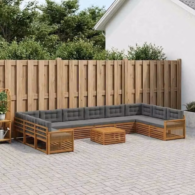 Set di divani da giardino a forma di U vidaXL in legno di acacia massello con cuscini inclusi, marrone e grigio