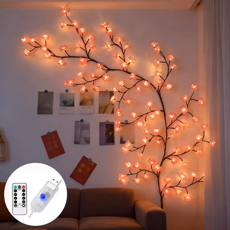 Decorazione da parete a forma di fiori di ciliegio, 2,3 metri, 144 LED, telecomando, 8 modalità, timer, alimentazione USB