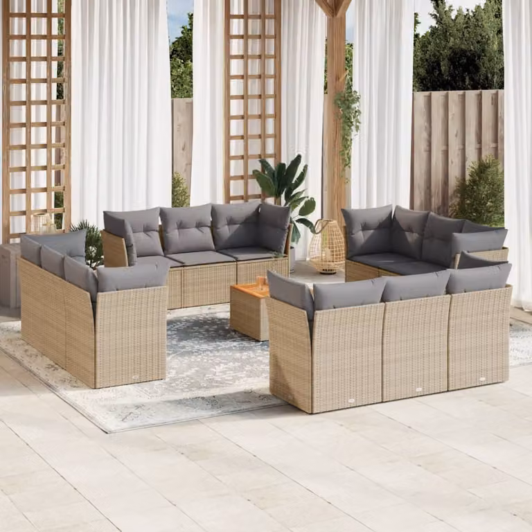 vidaXL Set Divano da Giardino a L 13 pz in Polyrattan con Cuscini Beige e Grigio e Tavolino da Caffè
