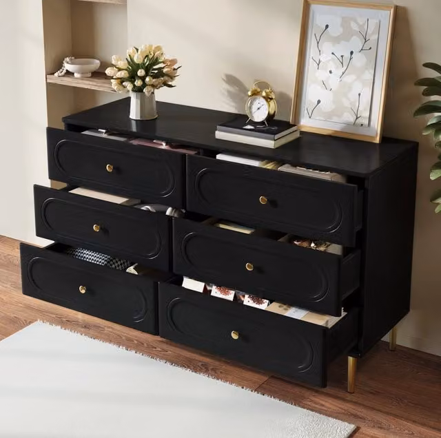 Credenza nera con 6 cassetti; frontali ovali e piedi in metallo; 120 × 40 × 75 cm