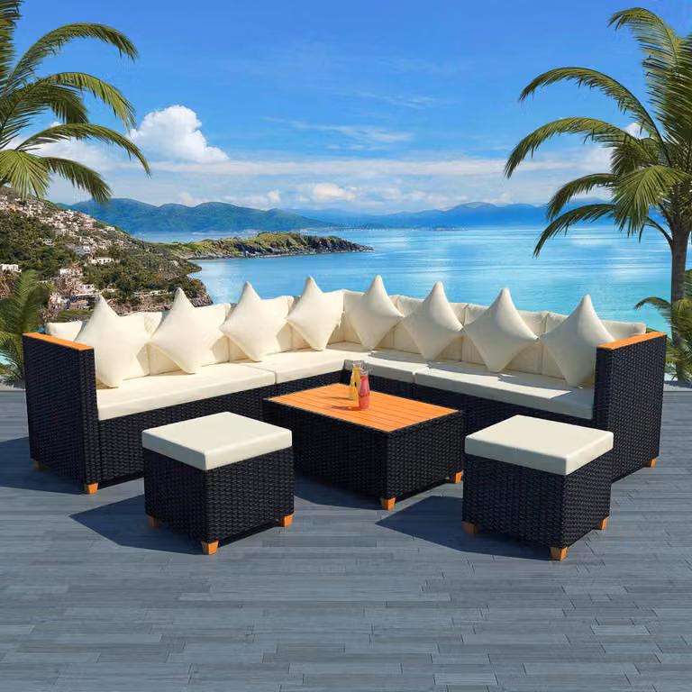 The Living Store Set da giardino 7 pezzi con cuscini in poly rattan nero
