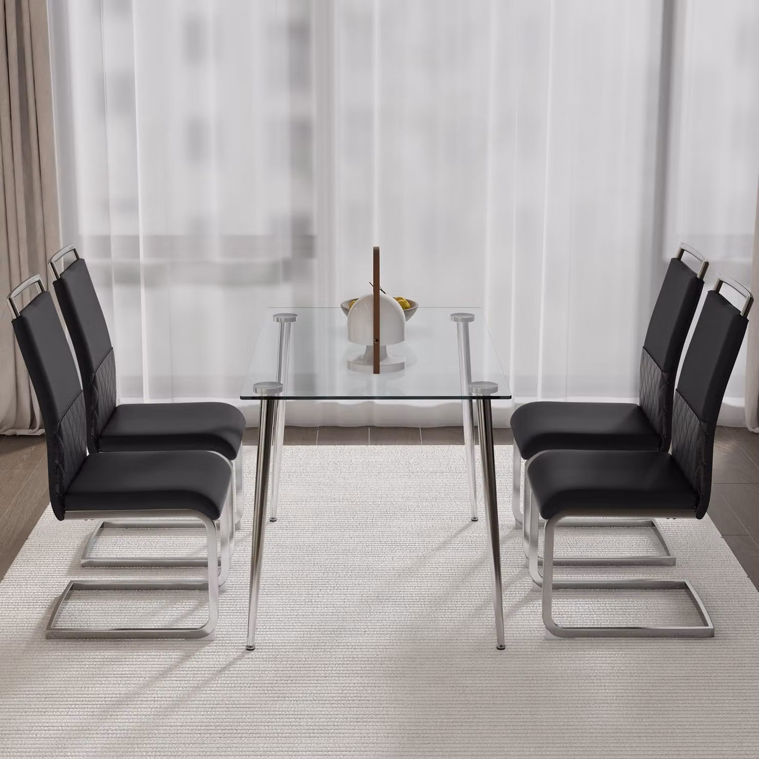 MODFU: Set di 4 sedie da pranzo moderne, ideali anche come sedie da cucina o da ufficio, con schienale a listelli piatto, imbottitura, design multifunzionale, realizzate in Poliuretanodi alta qualità e lino, colore nero