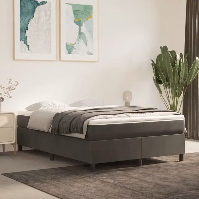 Struttura Letto con Rete a Molle e Giroletto in Velluto Grigio L: 140 cm, P: 200 cm, H: 35 cm – 1