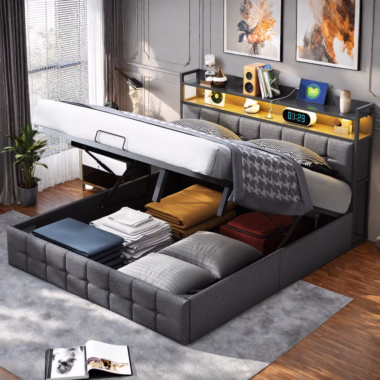 Letto imbottito Fortuna Lai 140x190 cm con illuminazione LED e presa di corrente - Letto contenitore con molla a gas e funzione di ricarica USB/Type-C - Tessuto di lino grigio