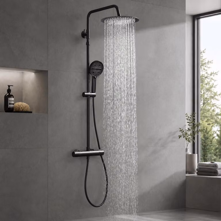 Sistema doccia con miscelatore termostatico, soffione a pioggia e doccetta manuale, colore nero, diametro 300 mm