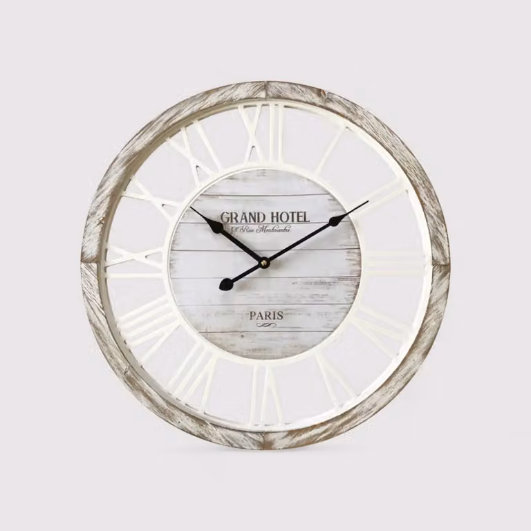 Raffia - Orologio da parete shabby in legno bianco e marrone