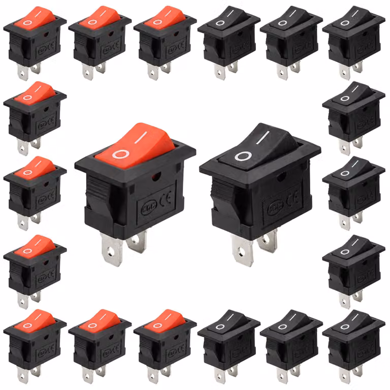 Mini interruttori a levetta, 20 pezzi, 2 poli, SPST, 10x15 mm, rosso/nero