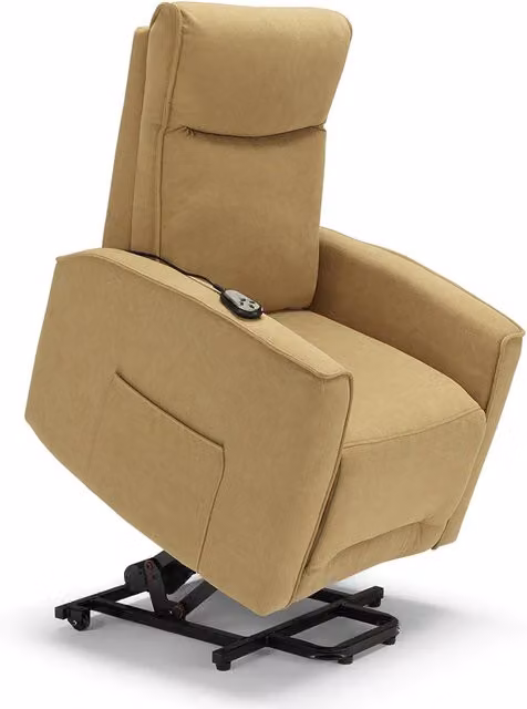 Poltrona relax elettrica LONDRA per anziani, 2 motori, 2 ruote posteriori, sistema reclinazione e alzapersona, tessuto idrorepellente , colore Senape