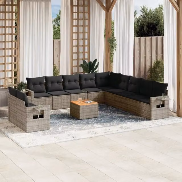 Set di Divani da Giardino vidaXL in Polyrattan Grigio con Cuscini e Tavolino da Esterno – 1