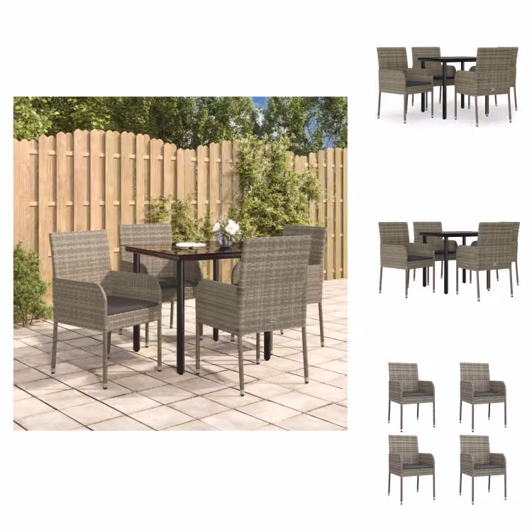 vidaXL Set da pranzo da giardino 5 pezzi con cuscini in poly rattan nero e grigio - Set di mobili da giardino