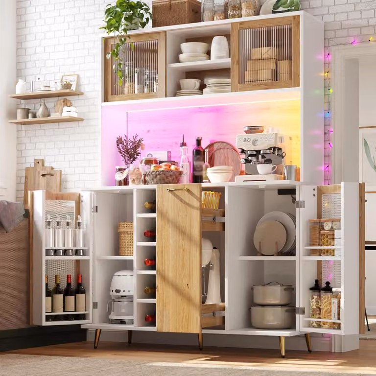 Armadio alto da cucina con illuminazione a LED, dimensioni 120x40x188 cm, colore bianco/legno