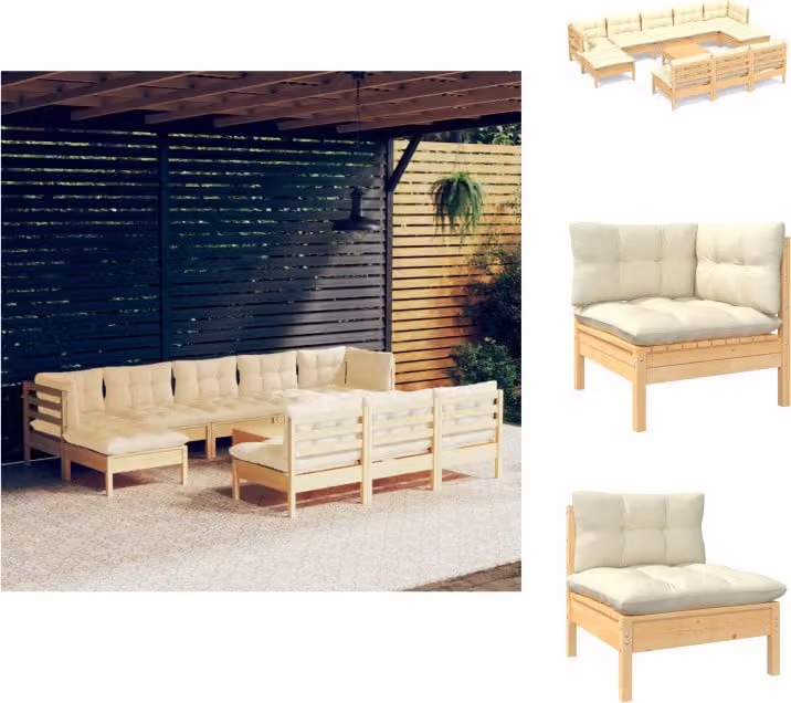 vidaXL set salotto da giardino 11 pezzi con cuscini crema in legno di pino - Set di mobili da giardino
