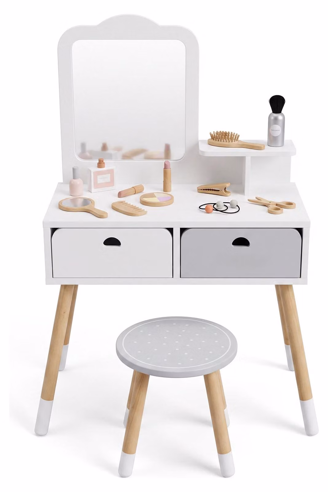 Set da toeletta Montessori Buxibo - In legno con sgabello e specchio - Scrivania per bambini - Bianco