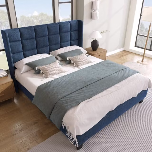 Letto matrimoniale imbottito Cipacho in lino blu con testiera e base a listelli L/P: 140 x 200 cm