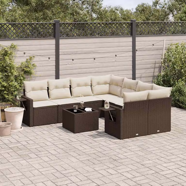 vidaXL Set Divani da Giardino 9 Pezzi in Polyrattan Marrone con Cuscini e Tavolino da Esterno