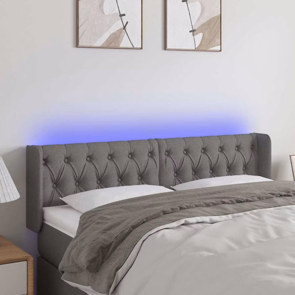Testiera per letto vidaXL in tessuto grigio con illuminazione LED e porta di ricarica USB, L: 163 cm, P: 16 cm, H: 78-88 cm