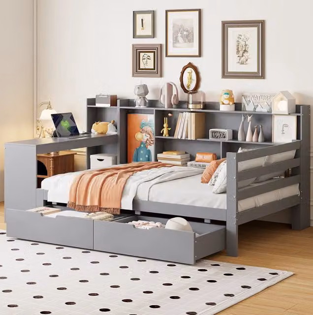Letto 90x200 cm con scrivania; scaffali e presa in legno grigio
