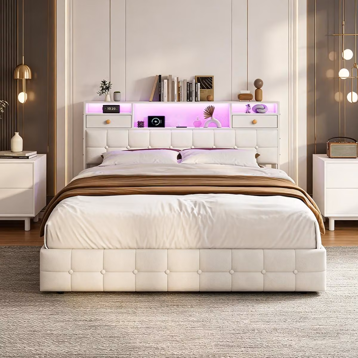 Letto contenitore con boxspring, imbottito, 140x200 cm, con LED e USB/C, meccanismo a sollevamento idraulico, struttura per letto matrimoniale con rete a doghe, rivestito in velluto, color beige