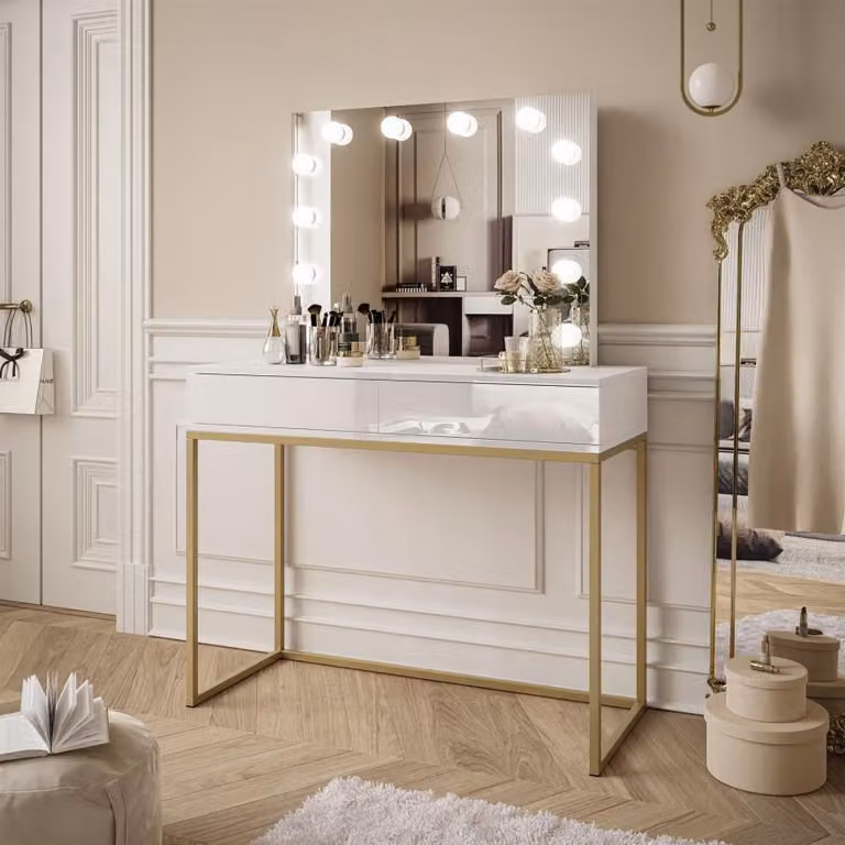 Tavolo da trucco BLANCO GOLD ELITE con specchio e illuminazione Oro opaco / Nero lucido, Push to open