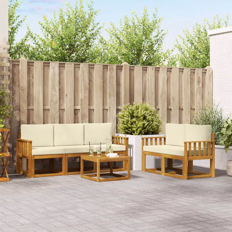 Set di divani da esterno vidaXL 6 pezzi in legno di acacia con cuscini, beige e bianco