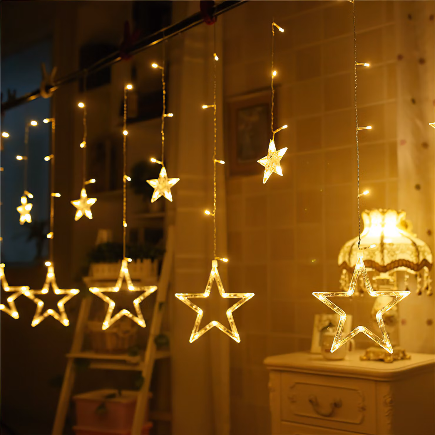 Izrielar LED luci fata stelle luce tenda 12 stelle fata luci 8 modalità di illuminazione festa interna finestra giardino nozze decorazione di Natale, bianco caldo