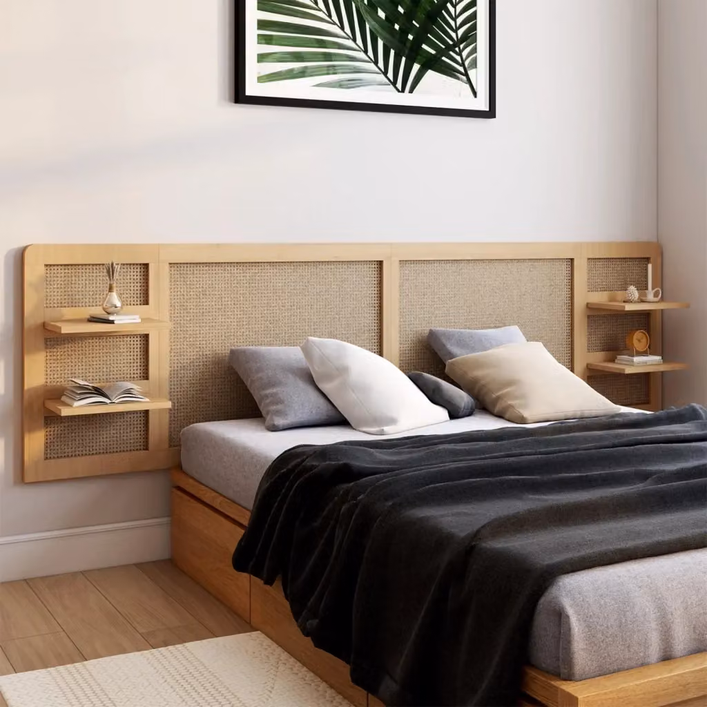 IDMarket Testiera EDHEN da 240 cm in legno e rattan con ripiani integrati, marrone e beige – 2