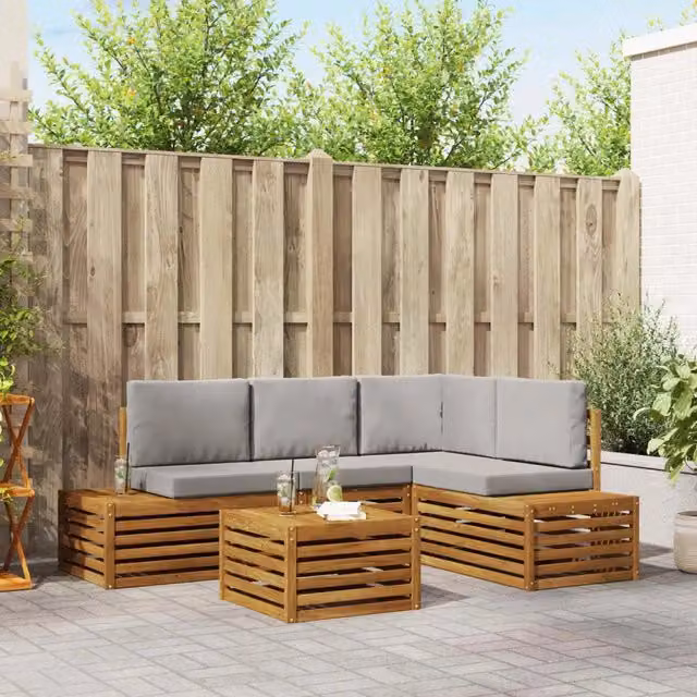 Set di divani da esterno a L vidaXL in legno di acacia con tavolino da caffè e cuscini, colore grigio – 1