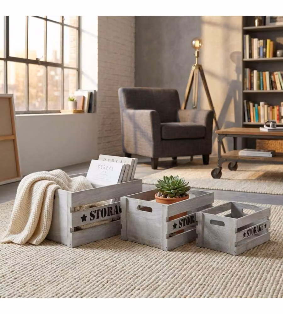 Cosma Set 3 Cassette Legno Paulownia Grigio 40x31x22cm Stile Industriale