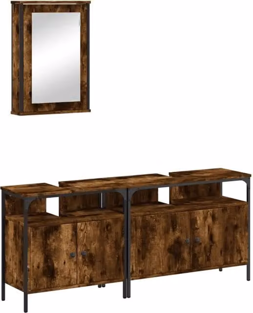 Set Mobili da Bagno Industrial in Legno e Metallo Marrone con Armadietto Specchio e Mobile Lavabo