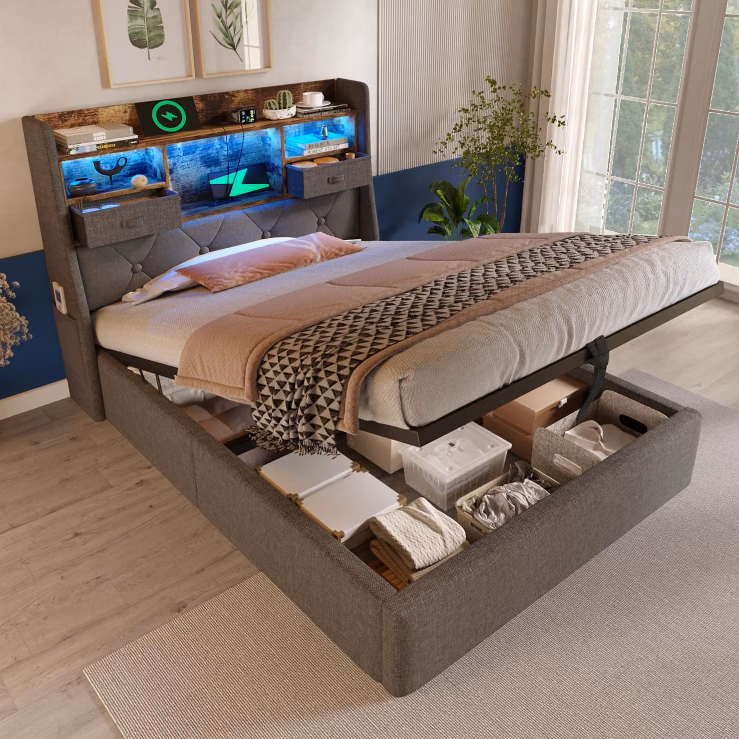 Letto imbottito idraulico Flieks 90x200cm con USb & Type-c, letto singolo a molle con led, letto contenitore per giovani con cassetti, lino, grigio