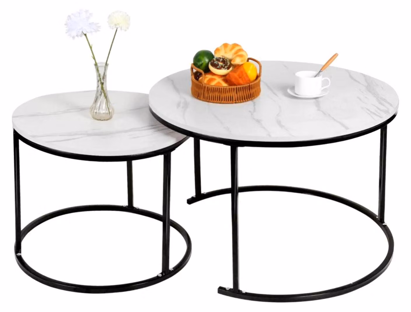Set di tavolini rotondi - Set da 2 tavolini / tavolini ausiliari - Struttura in metallo - Design moderno - Ideali per soggiorno, camera da letto, balcone - Colore: bianco