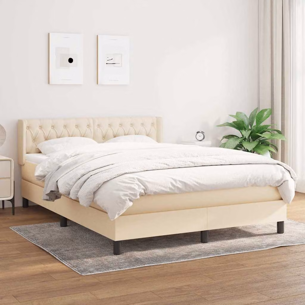 vidaXL Giroletto a Molle con Materasso Ibrido in Tessuto Beige e Bianco L/P/H: 140 x 190 x 88 cm – 1