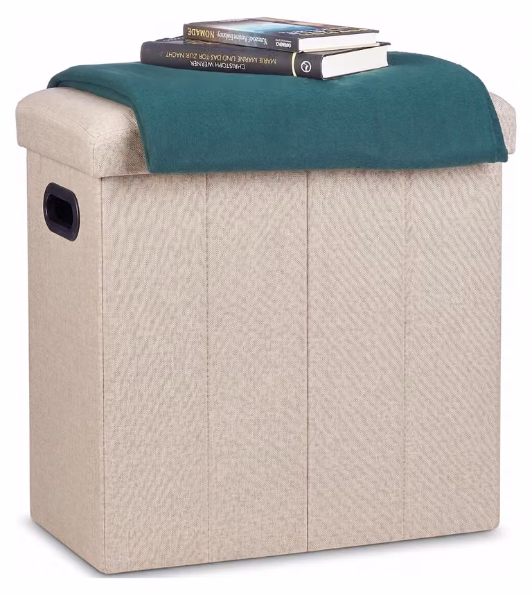 Pouf pieghevole per riporre oggetti, realizzato in ecopelle, dimensioni 49,5x46x25,5 cm, color beige