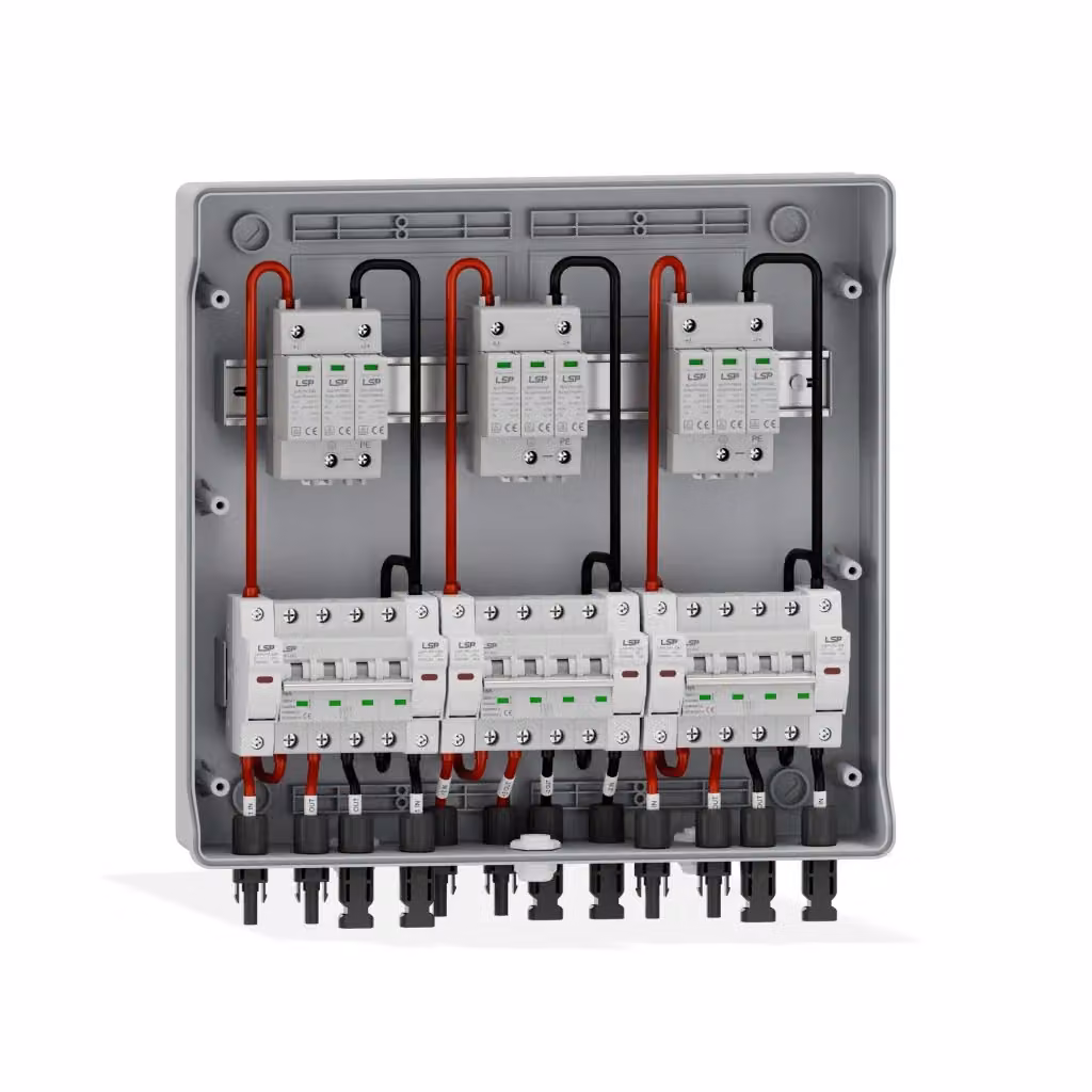 Quadro di Campo DC LSP SLP-PV1000-S con 3 Stringhe, 3 MPPT, 1000VDC, 16A, Centralino IP65 per 18 Moduli, Grigio – 2