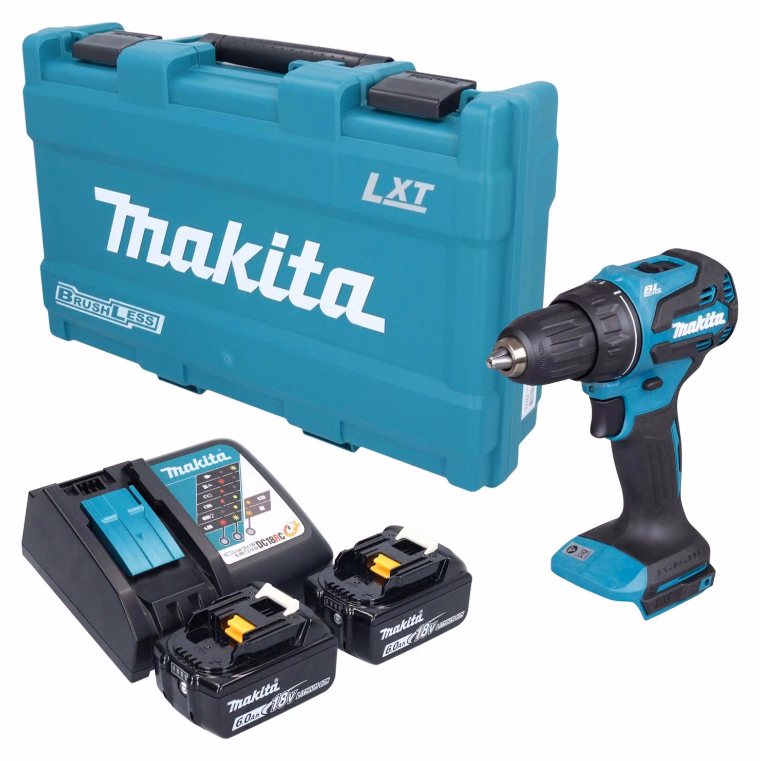 Trapano avvitatore a batteria Makita DDF 490 RGK 18 V 65 Nm brushless + 2 batterie da 6,0 Ah + caricabatterie + valigetta