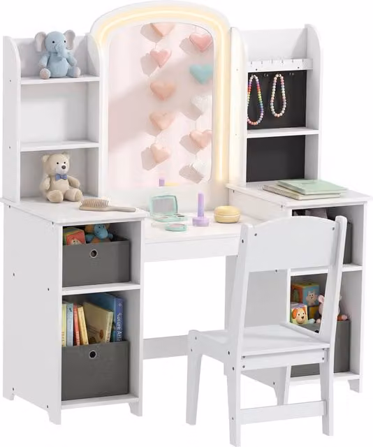 Toeletta per Bambini con Specchio LED e Sgabello, Tavolo da Trucco 104 x 40 x 112 cm, Bianco, per Cameretta